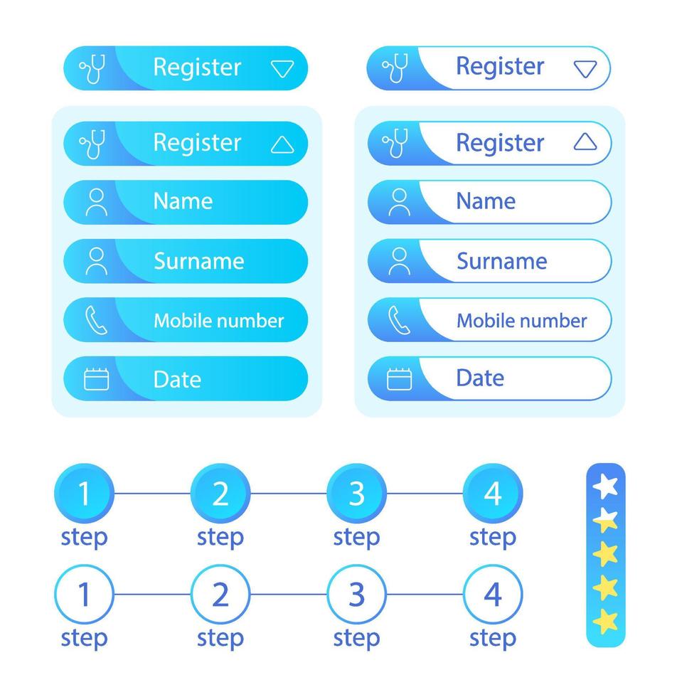 reservar opciones de citas de telesalud kit de elementos de la interfaz de usuario. componentes vectoriales aislados. menús de navegación planos y plantilla de botones de interfaz. colección de widgets de diseño web para el tema ligero de la aplicación móvil vector