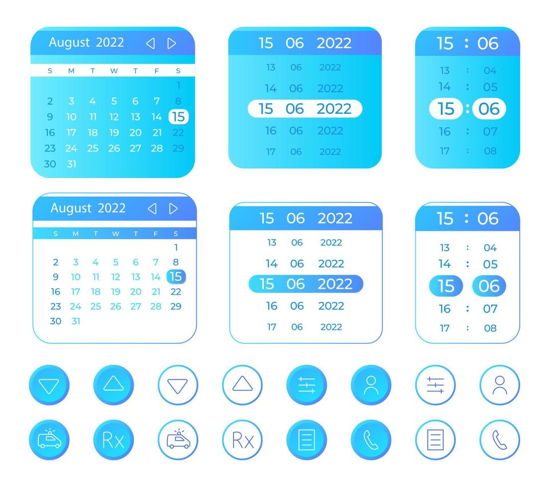 kit de elementos de la interfaz de usuario del calendario de medicina en línea. telesalud. componentes vectoriales aislados. menús de navegación planos y plantilla de botones de interfaz. colección de widgets de diseño web para el tema ligero de la aplicación móvil vector