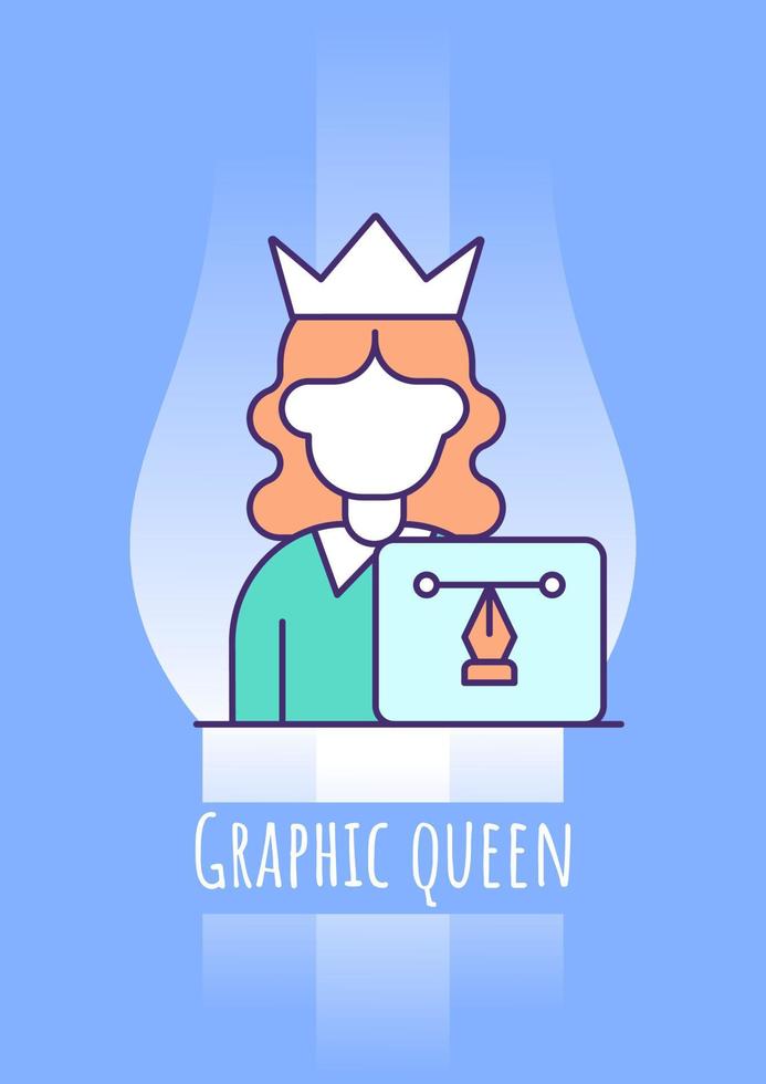 Graphic queen greeting card with color icon element. Professional greetings. Postcard vector design. Decorative flyer with creative illustration. Notecard with congratulatory message on blue