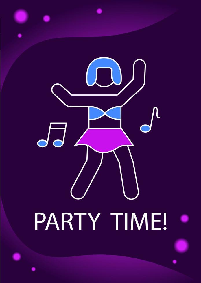 Party time greeting card with color icon element. Having fun and dancing. Postcard vector design. Decorative flyer with creative illustration. Notecard with congratulatory message on purple