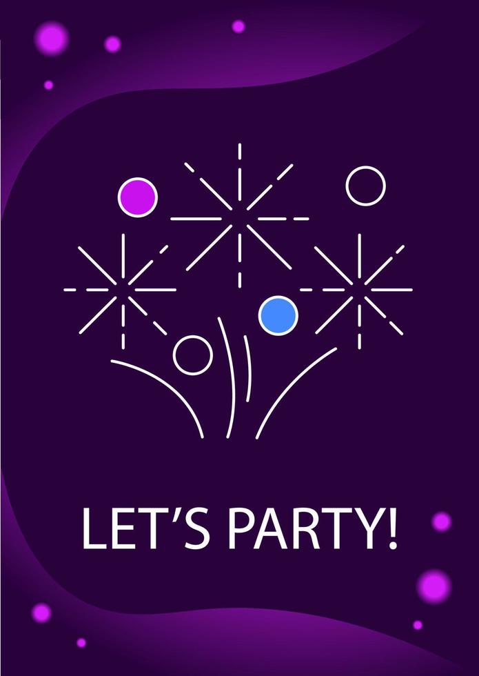 Lets have party greeting card with color icon element. Having fun and dancing. Postcard vector design. Decorative flyer with creative illustration. Notecard with congratulatory message on purple