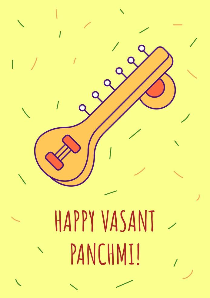 Happy vasant panchami greeting card with color icon element. Indian holiday. Postcard vector design. Decorative flyer with creative illustration. Notecard with congratulatory message on yellow