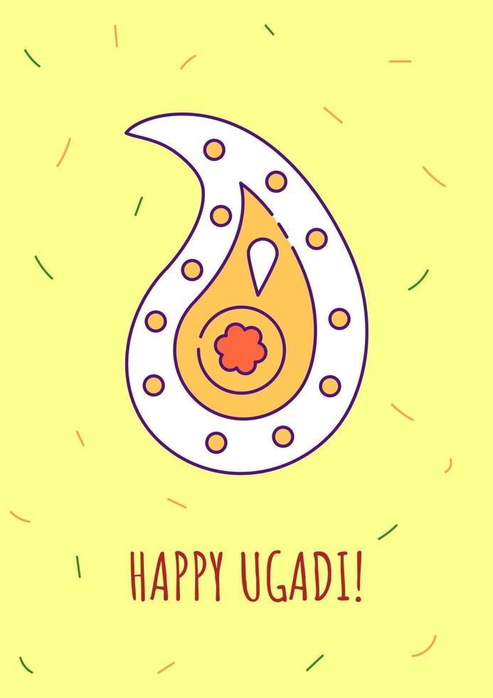 Happy ugadi greeting card with color icon element. Indian holiday. Postcard vector design. Decorative flyer with creative illustration. Notecard with congratulatory message on yellow