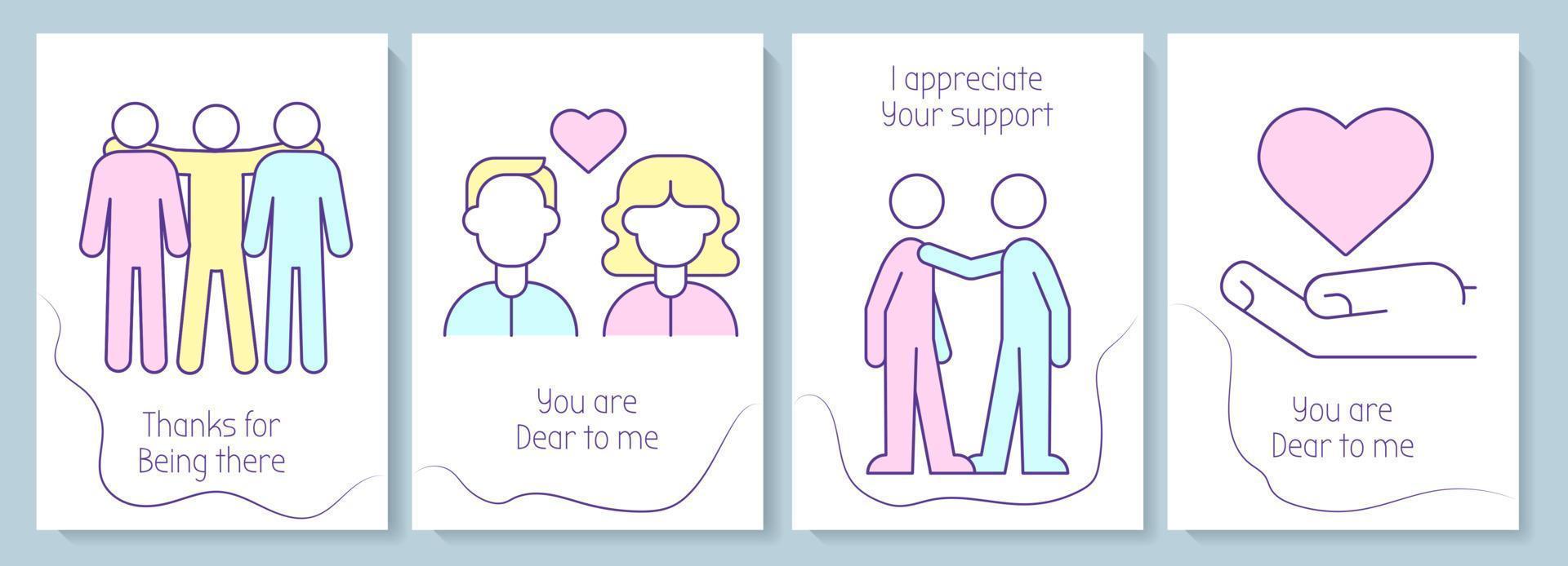 Appreciation greeting cards with color icon element set. To dear people. Postcard vector design. Decorative flyer with creative illustration. Notecard with congratulatory message on white