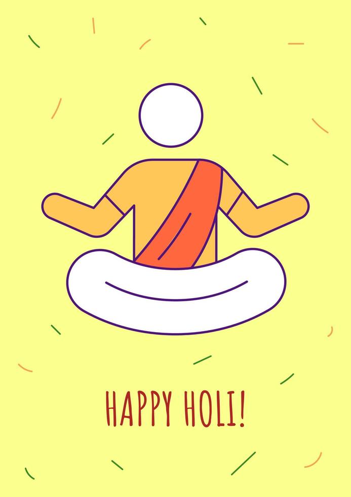 Happy holi greeting card with color icon element. Indian holiday. Postcard vector design. Decorative flyer with creative illustration. Notecard with congratulatory message on yellow