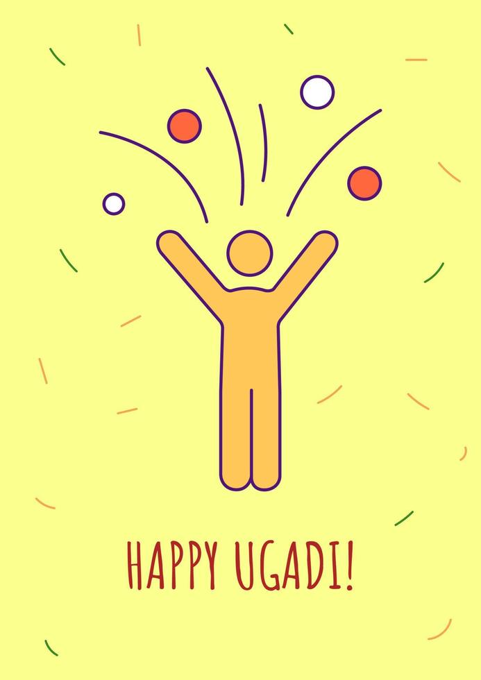 Wishing happy ugadi greeting card with color icon element. Indian holiday. Postcard vector design. Decorative flyer with creative illustration. Notecard with congratulatory message on yellow
