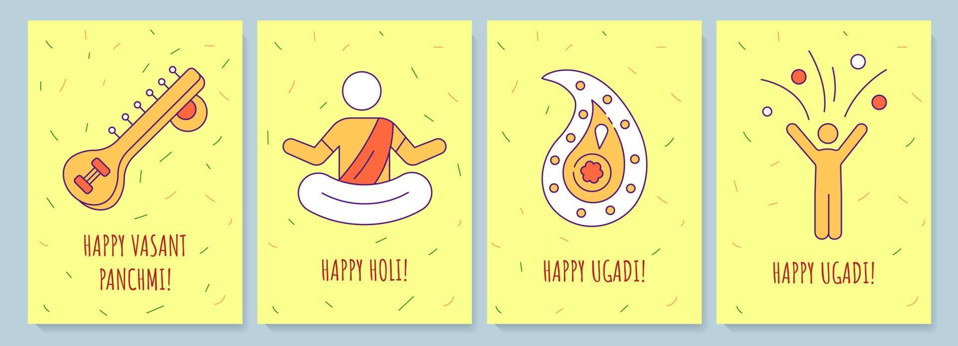 Celebrating indian holidays greeting cards with color icon element set. Postcard vector design. Decorative flyer with creative illustration. Notecard with congratulatory message on yellow