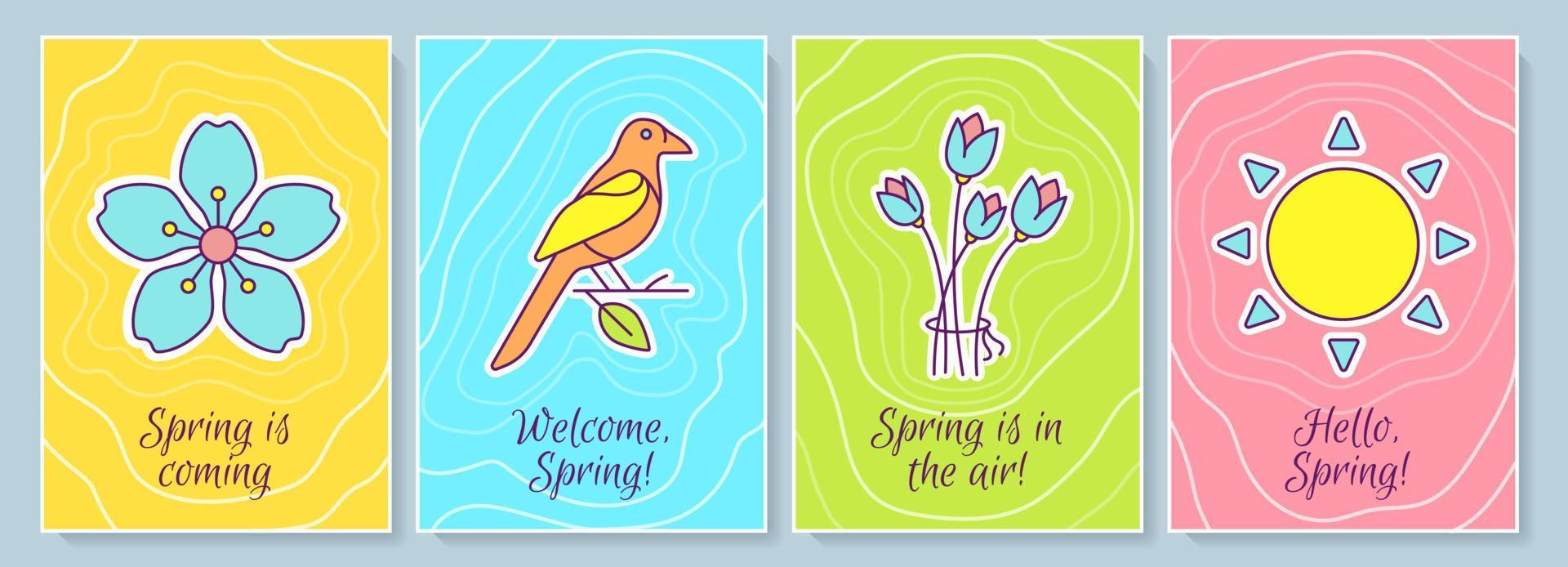 tarjeta de felicitación de primavera con conjunto de elementos de icono de color. saludos y deseos de primavera. diseño vectorial de postal. volante decorativo con ilustración creativa. notecard con mensaje de felicitación vector