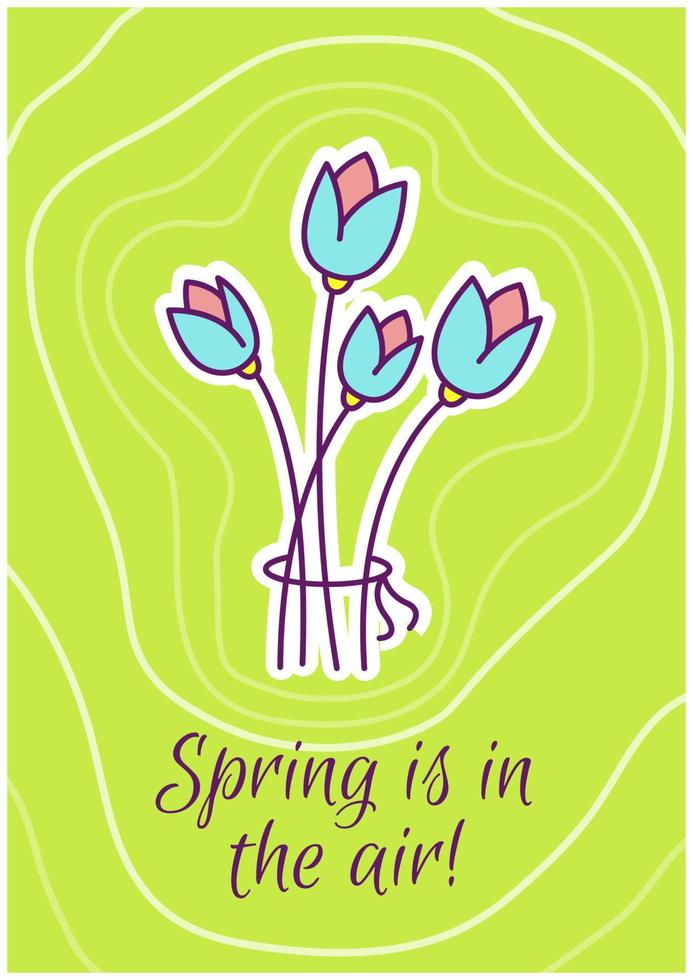 Spring is in air greeting card with color icon element. Seasonal greeting. Postcard vector design. Decorative flyer with creative illustration. Notecard with congratulatory message on green