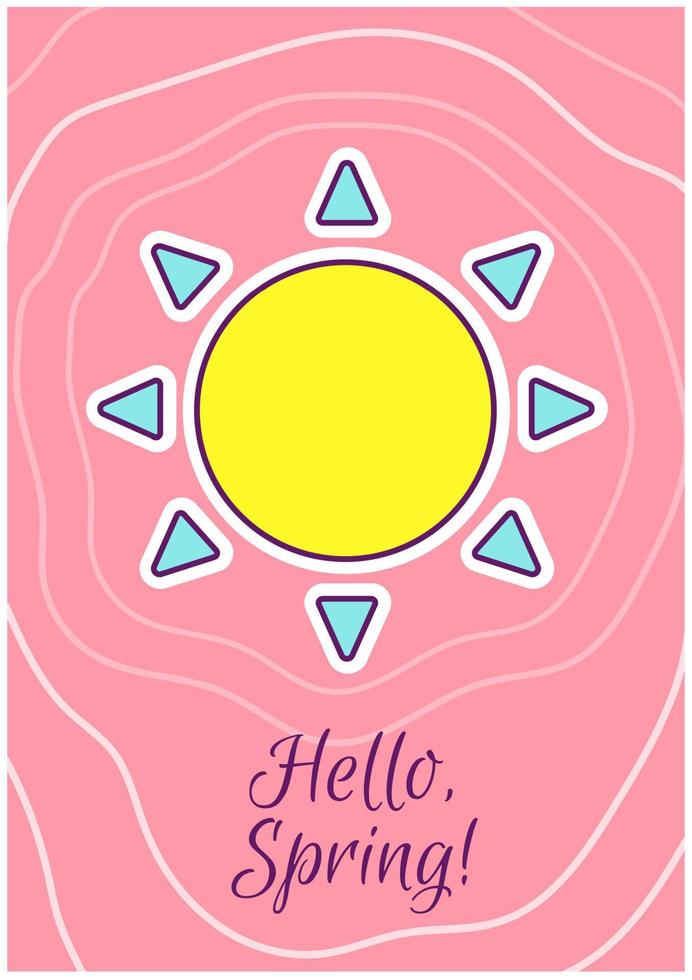 Hello spring greeting card with color icon element. Seasonal greetings. Postcard vector design. Decorative flyer with creative illustration. Notecard with congratulatory message on pink