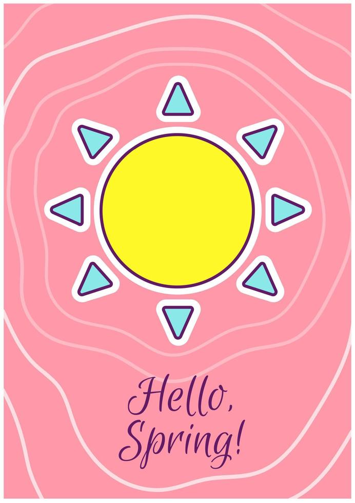 Hello spring greeting card with color icon element. Seasonal greetings. Postcard vector design. Decorative flyer with creative illustration. Notecard with congratulatory message on pink