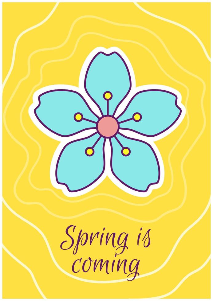 viene la primavera tarjeta de felicitación con elemento de icono de color. saludos de temporada. diseño vectorial de postal. volante decorativo con ilustración creativa. notecard con mensaje de felicitación en amarillo vector