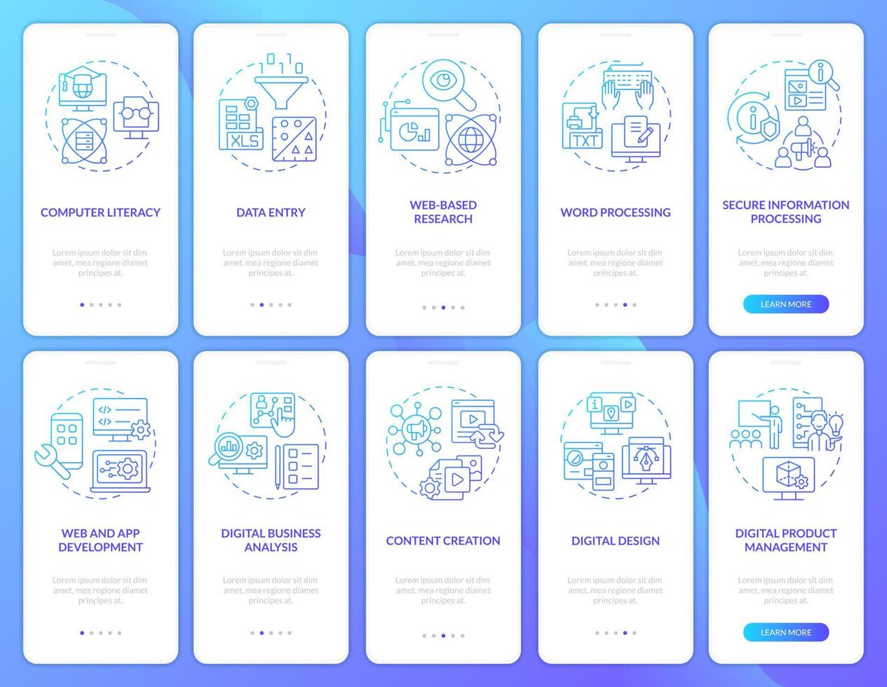 Digital skills, literacy blue gradient onboarding mobile app screen set. Walkthrough 5 steps graphic instructions pages with linear concepts. UI, UX, GUI template. Myriad Pro-Bold, Regular fonts used vector