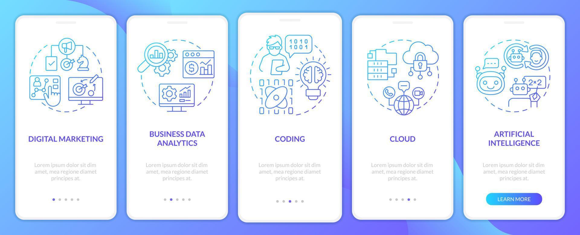 Major digital skills blue gradient onboarding mobile app screen. Walkthrough 5 steps graphic instructions pages with linear concepts. UI, UX, GUI template. Myriad Pro-Bold, Regular fonts used vector