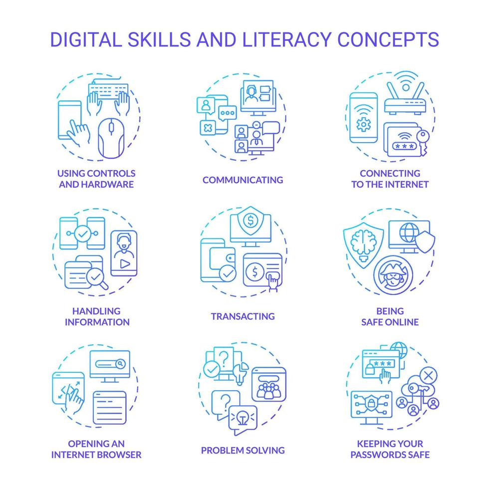 Digital literacy and skills blue gradient concept icons set. Computer system. Cyberspace idea thin line color illustrations. Isolated symbols. Roboto-Medium, Myriad Pro-Bold fonts used vector