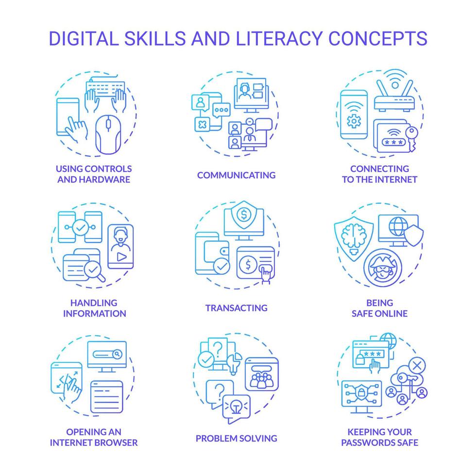 conjunto de iconos de concepto de gradiente azul de alfabetización digital y habilidades. sistema informático. ilustraciones en color de línea delgada de idea de ciberespacio. símbolos aislados. roboto-medium, innumerables fuentes pro-bold utilizadas vector