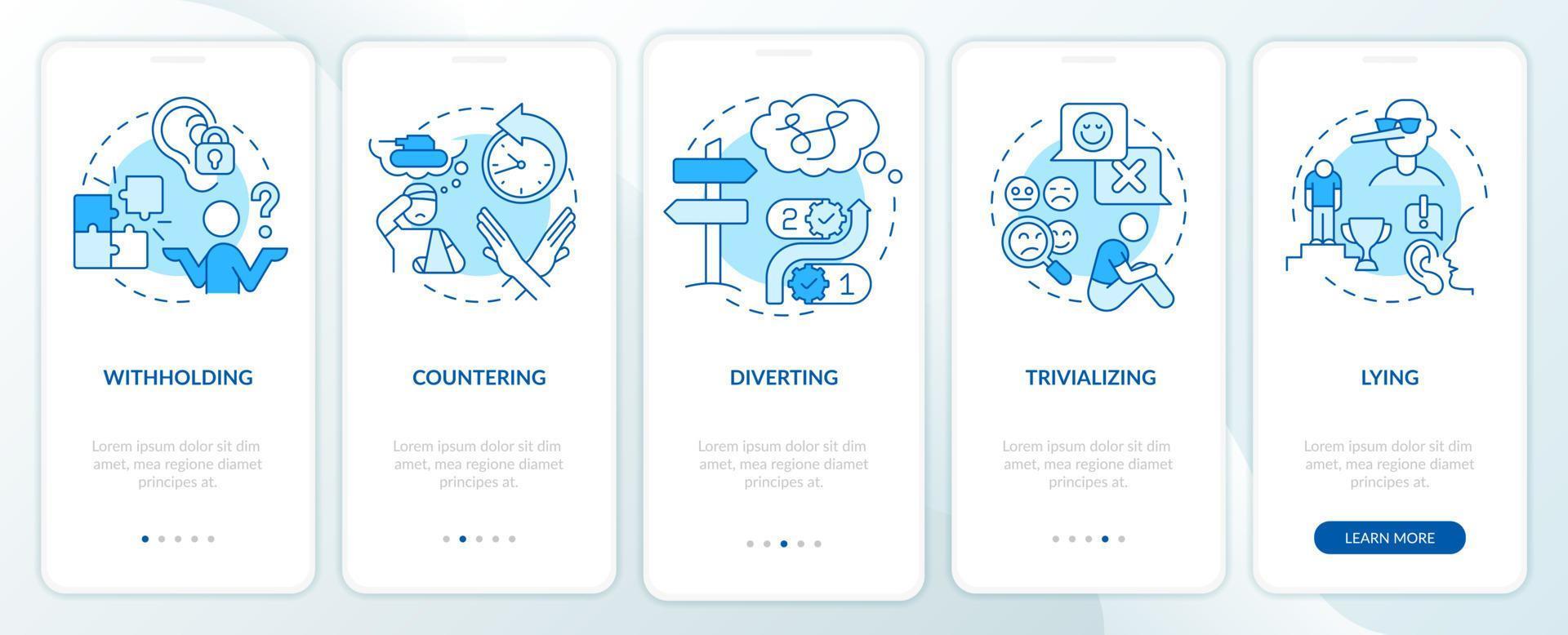 Gaslighting in relationships blue onboarding mobile app screen. Walkthrough 5 steps graphic instructions pages with linear concepts. UI, UX, GUI template. Myriad Pro-Bold, Regular fonts used vector