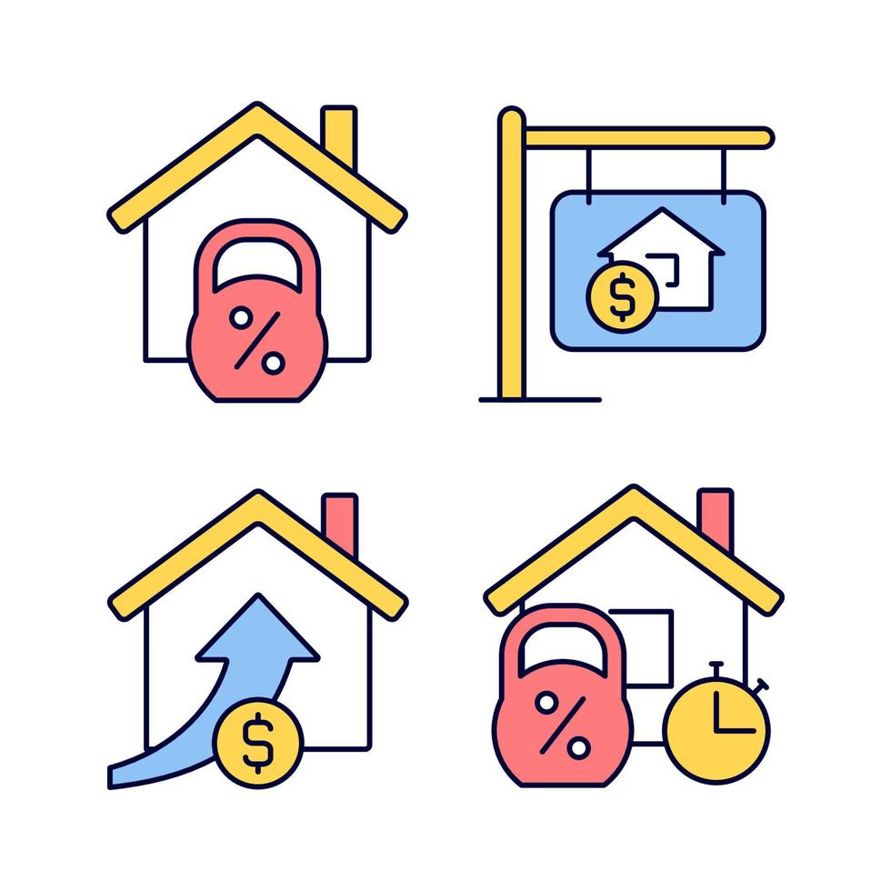 Buying house RGB color icons set. Home mortgage. Accomodation purchase. Real estate prices. Property sale. Isolated vector illustrations. Simple filled line drawings collection. Editable stroke