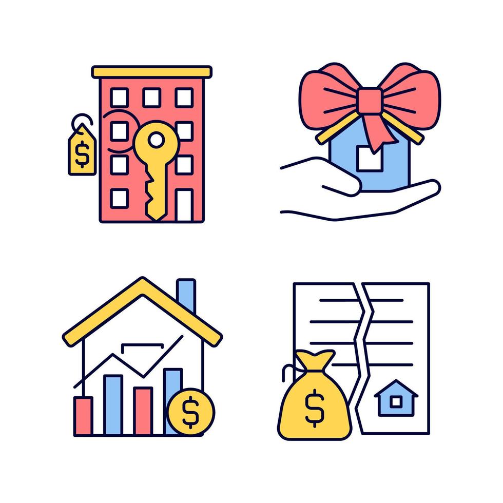 conjunto de iconos de color rgb del mercado inmobiliario. venta de propiedad compra de apartamento. donación a domicilio. precio de bienes raices ilustraciones vectoriales aisladas. colección de dibujos de líneas llenas simples. trazo editable vector