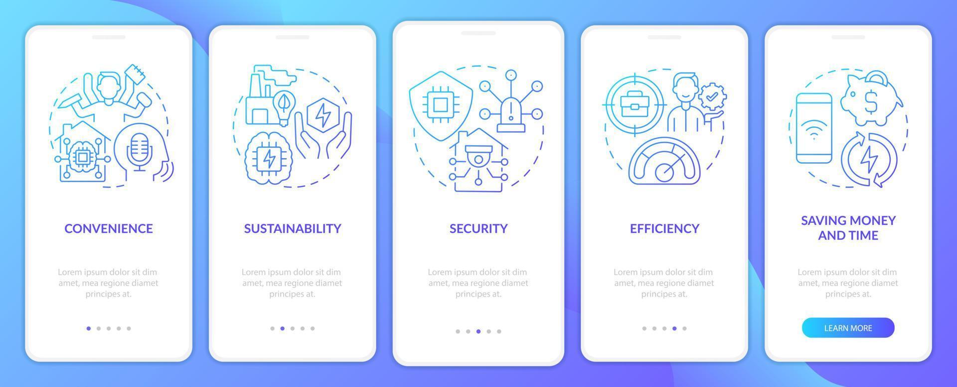 pantalla de la aplicación móvil de integración de degradado azul pros de tecnologías inteligentes. tutorial 5 pasos páginas de instrucciones gráficas con conceptos lineales. interfaz de usuario, ux, plantilla de interfaz gráfica de usuario. innumerables fuentes pro-negrita y regulares utilizadas vector