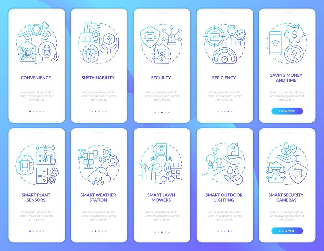 Technological innovations blue gradient onboarding mobile app screen set. Walkthrough 5 steps graphic instructions pages with linear concepts. UI, UX, GUI template. Myriad Pro-Bold, Regular fonts used vector