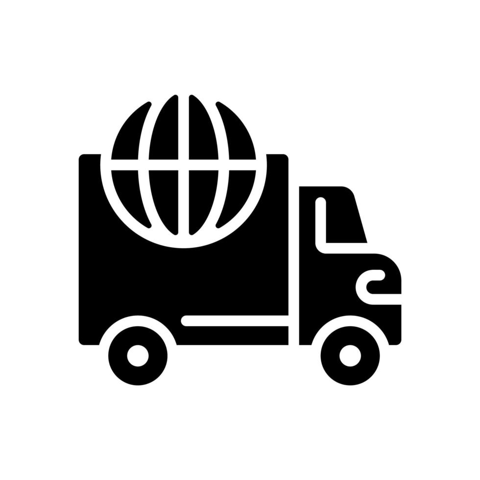 International delivery black glyph icon. Worldwide shipment. Import and export. Online shopping service. Silhouette symbol on white space. Solid pictogram. Vector isolated illustration