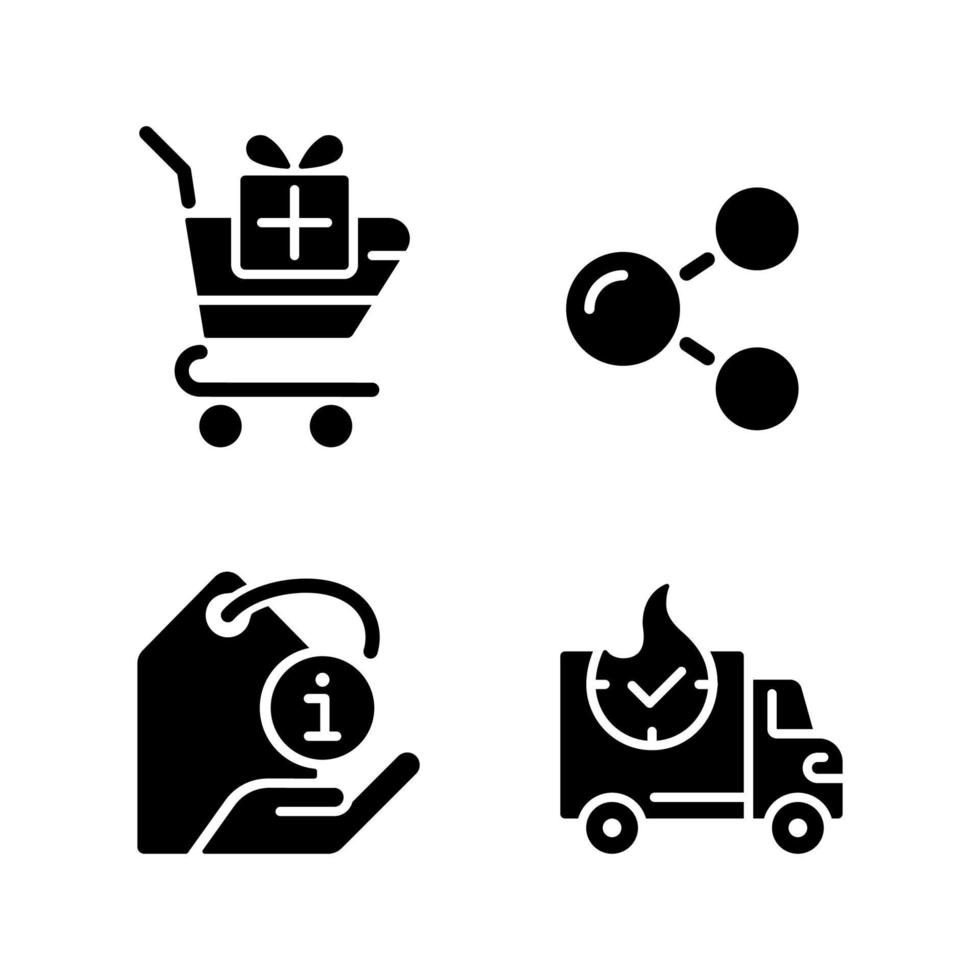 comprar productos en internet iconos de glifo negro establecidos en espacios en blanco. entrega urgente. descripción e información del producto. símbolos de silueta. paquete de pictogramas sólidos. ilustración vectorial aislada vector