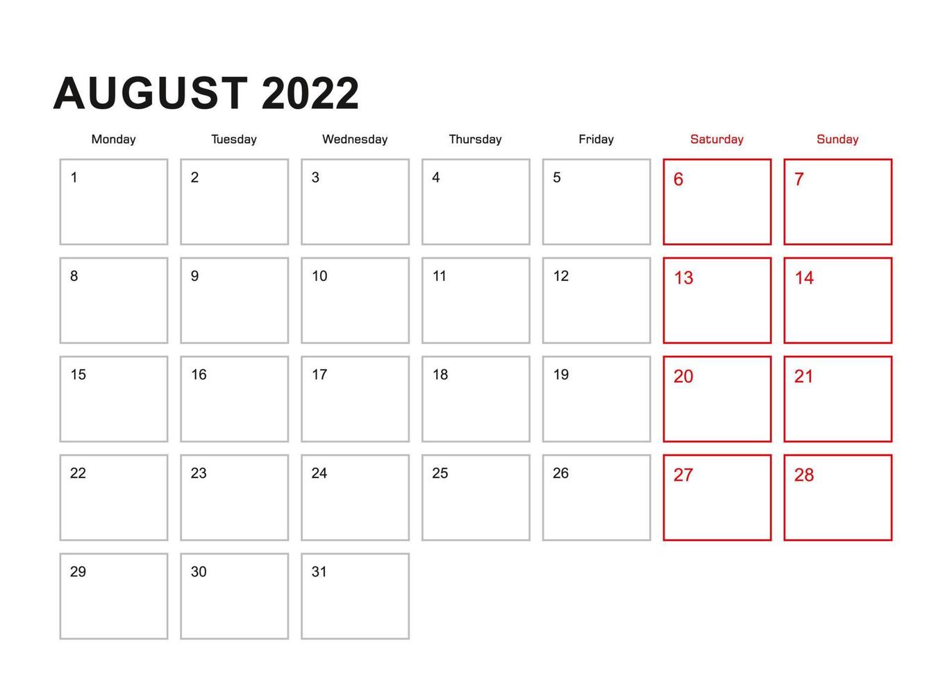 Wall planner for August 2022 in English language, week starts in Monday. vector