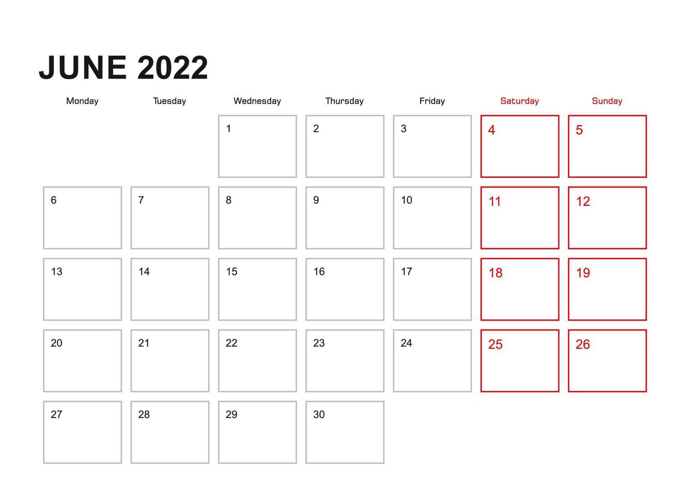 Wall planner for June 2022 in English language, week starts in Monday. vector