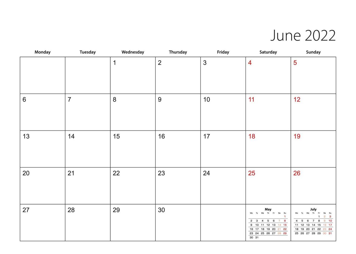 June 2022 simple calendar planner, week starts from Monday. vector