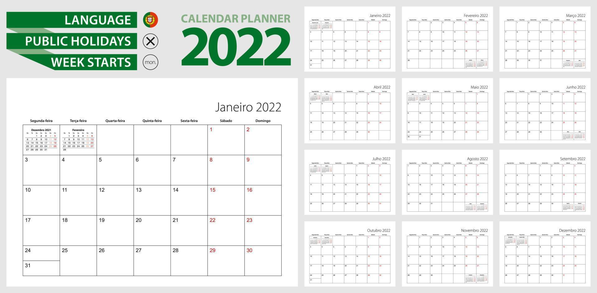 Portuguese calendar planner for 2022. Portuguese language, week starts from Monday. Vector calendar template for Brazil, Portugal, Angola, Mozambique and other