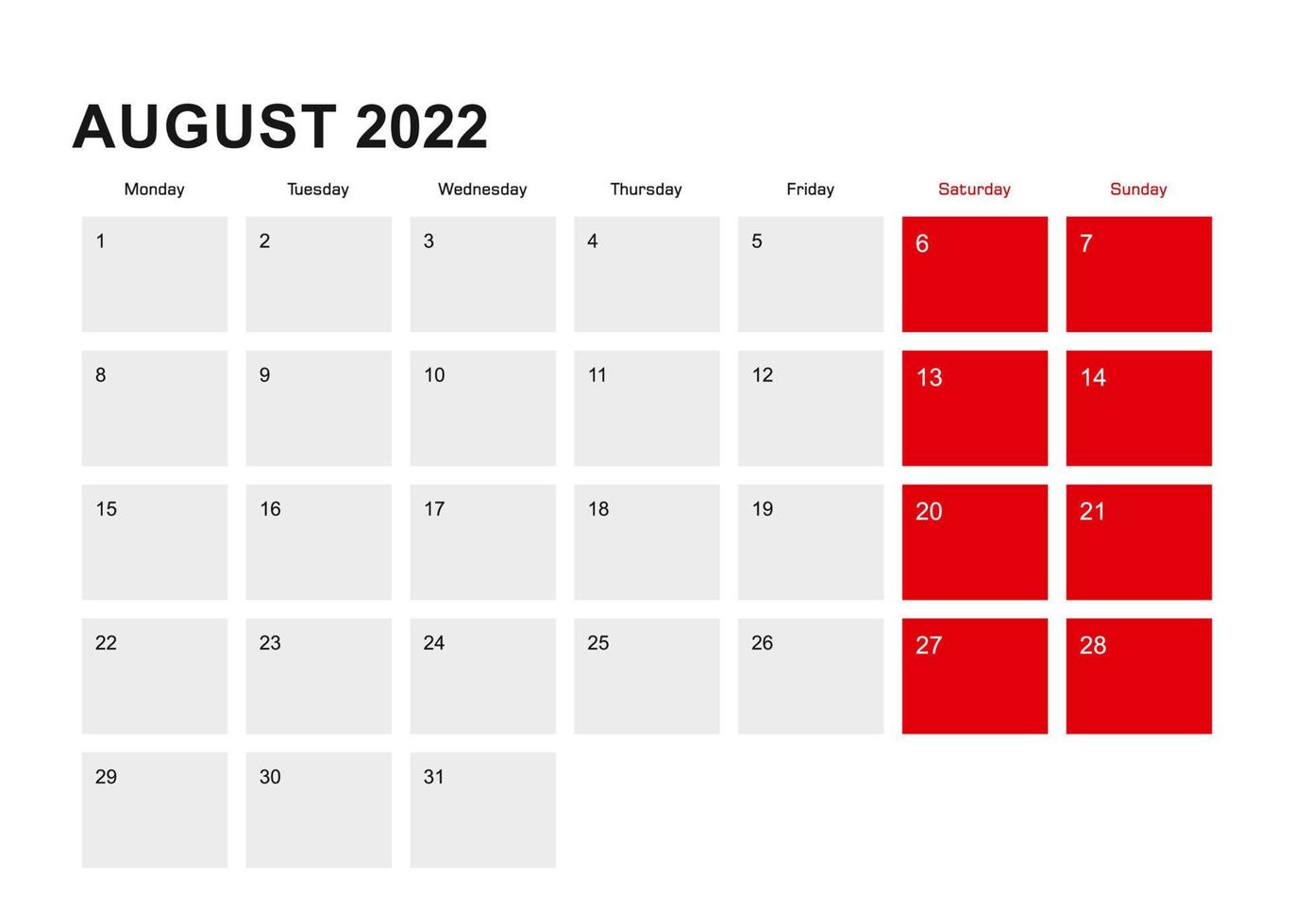 2022 August planner calendar design. Week starts from Monday. vector