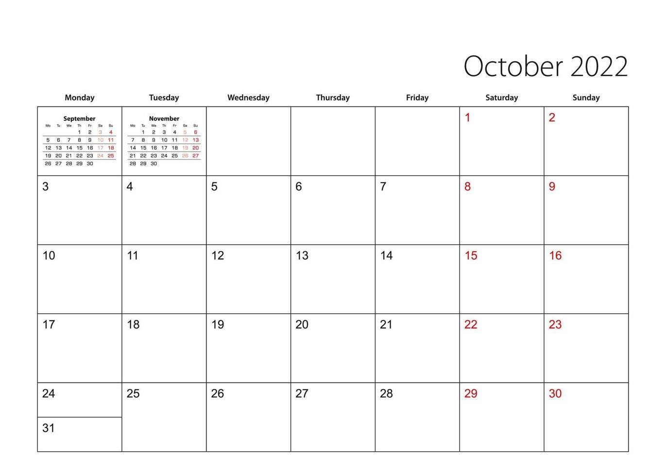 October 2022 simple calendar planner, week starts from Monday. vector