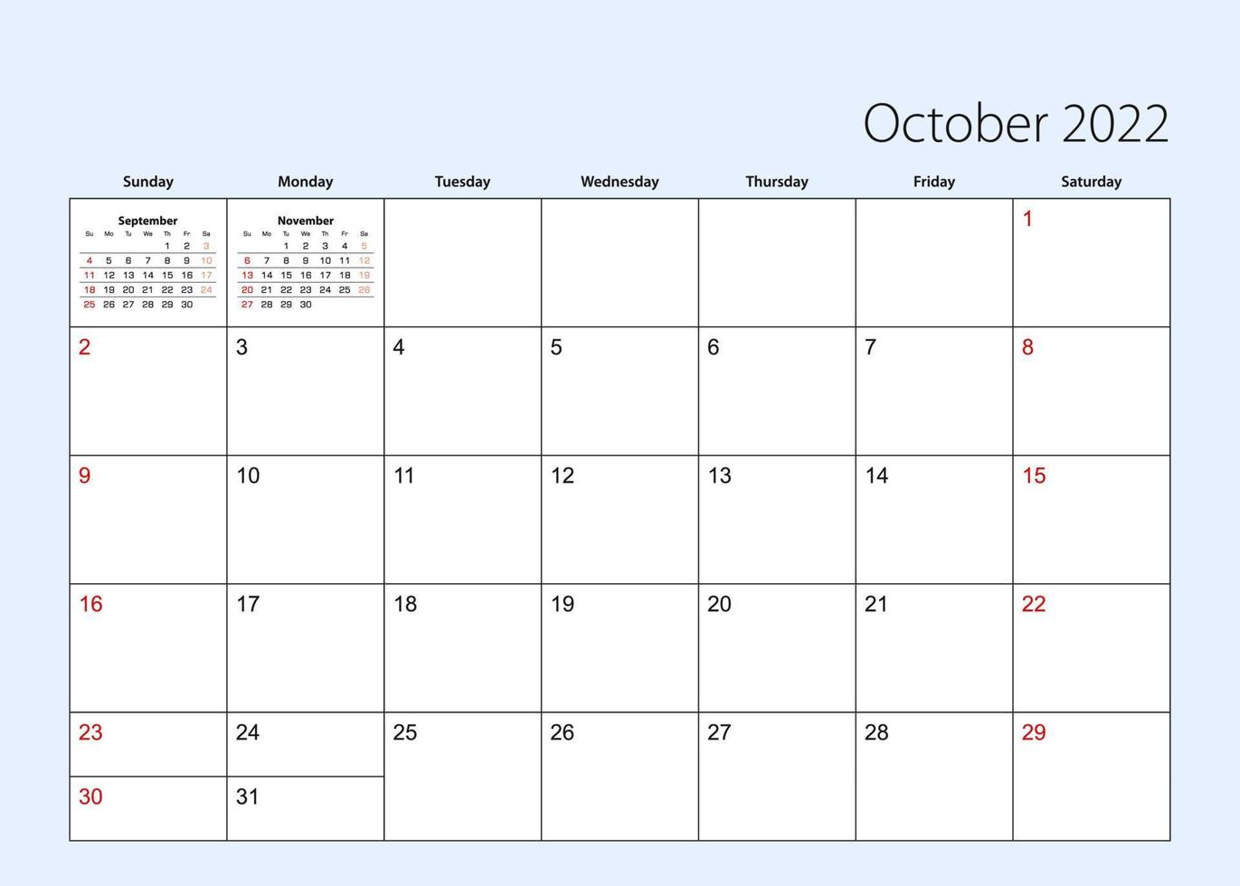 Wall calendar planner for October 2022. English language, week starts from Sunday. vector