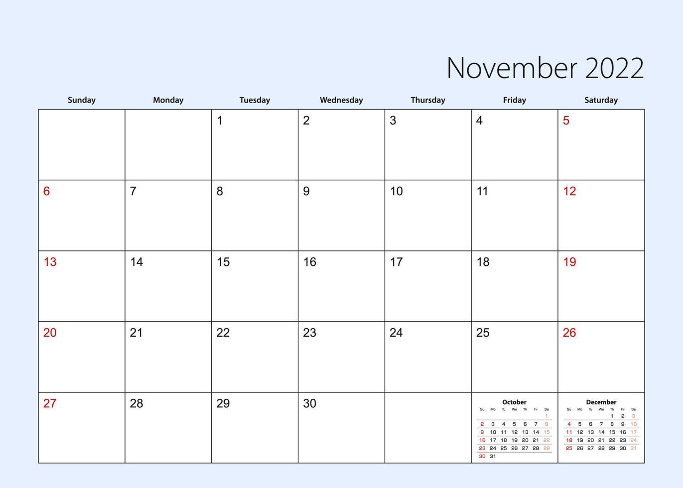 Wall calendar planner for November 2022. English language, week starts from Sunday. vector