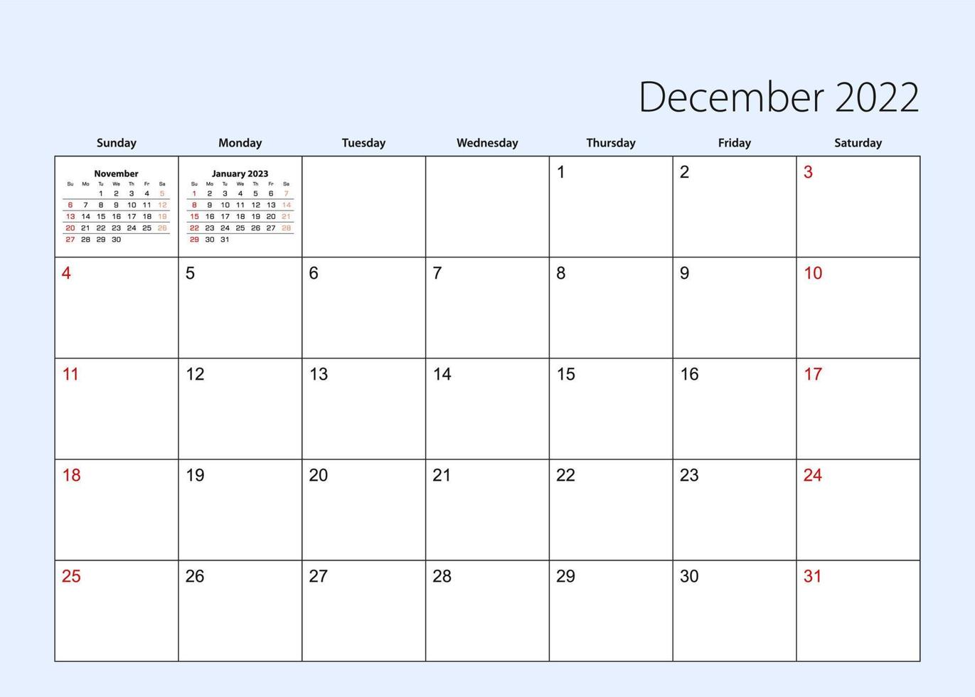 Wall calendar planner for December 2022. English language, week starts from Sunday. vector