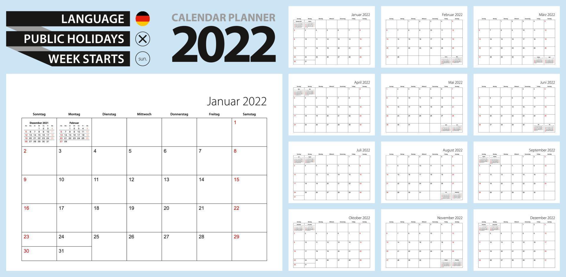 German calendar planner for 2022. German language, week starts from Sunday. vector