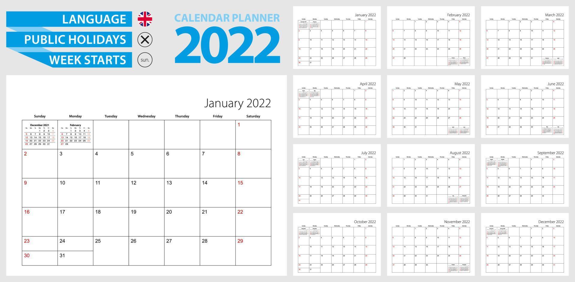 Wall calendar planner for 2022. English language, week starts from Sunday. vector