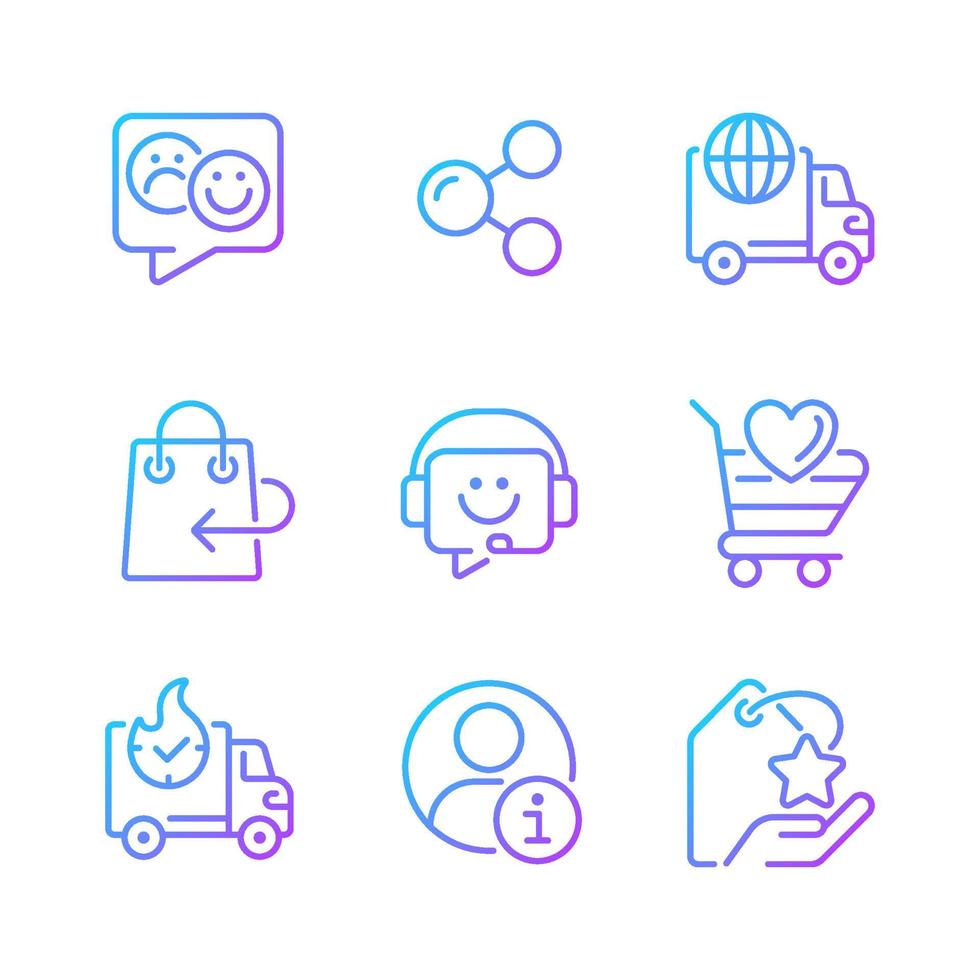 Online shopping assistance gradient linear vector icons set. Customer and client service. Help desk. Thin line contour symbol designs bundle. Isolated outline illustrations collection