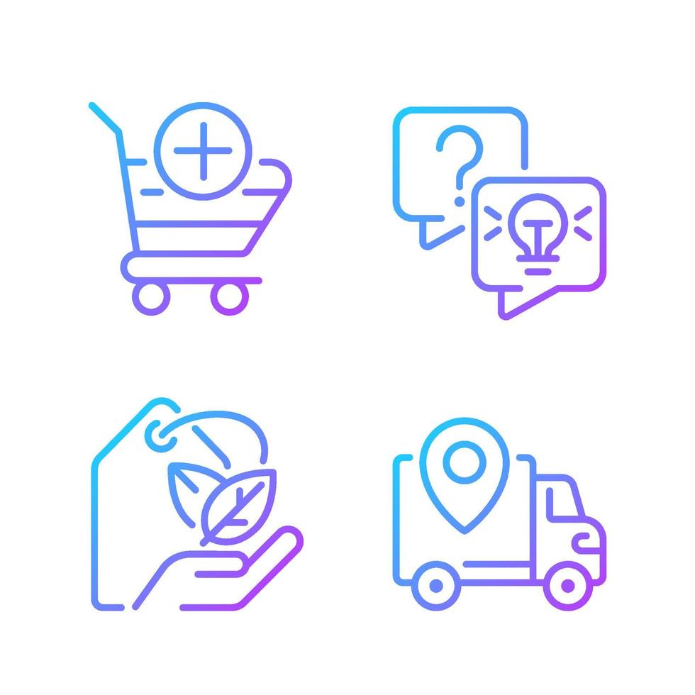 Online shopping services gradient linear vector icons set. Delivery regions. Ecofriendly product. Thin line contour symbol designs bundle. Isolated outline illustrations collection