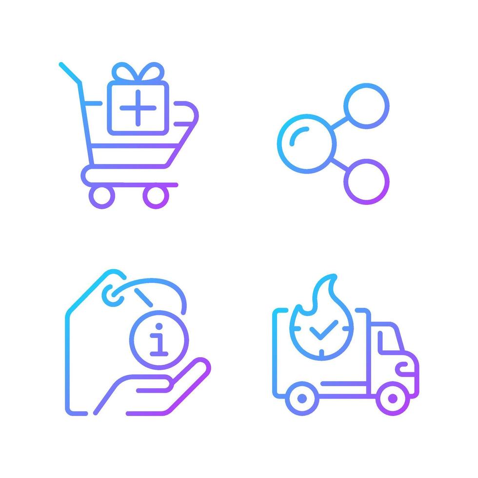 Buying products on internet gradient linear vector icons set. Express delivery. Product description. Thin line contour symbol designs bundle. Isolated outline illustrations collection