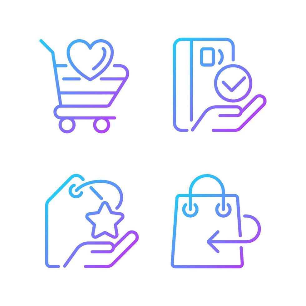 Special offer for customers gradient linear vector icons set. Return policy. Pay with credit card. Thin line contour symbol designs bundle. Isolated outline illustrations collection