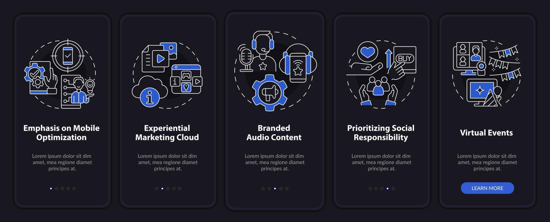 Marketing trends examples night mode onboarding mobile app screen. Ads walkthrough 5 steps graphic instructions pages with linear concepts. UI, UX, GUI template. Myriad Pro-Bold, Regular fonts used vector