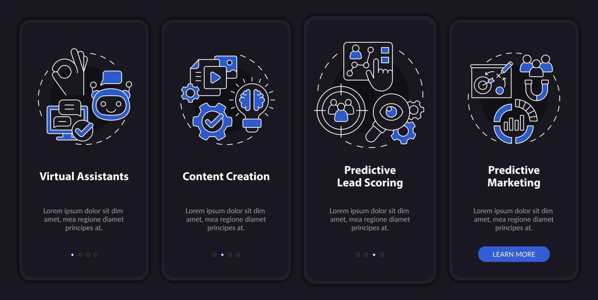 Usage of AI in marketing night mode onboarding mobile app screen. Walkthrough 4 steps graphic instructions pages with linear concepts. UI, UX, GUI template. Myriad Pro-Bold, Regular fonts used vector