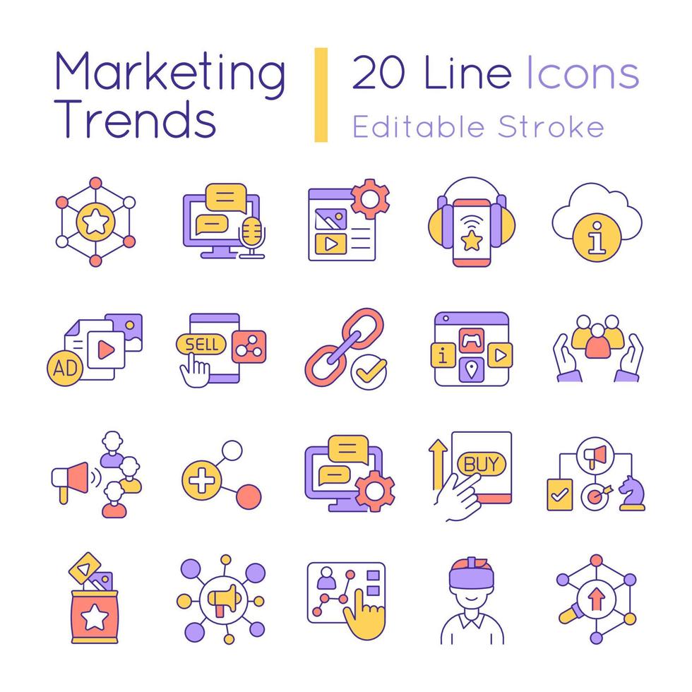 Marketing trends RGB color icons set. Modern techniques of advertising campaign. Isolated vector illustrations. Simple filled line drawings collection. Editable stroke. Quicksand-Light font used