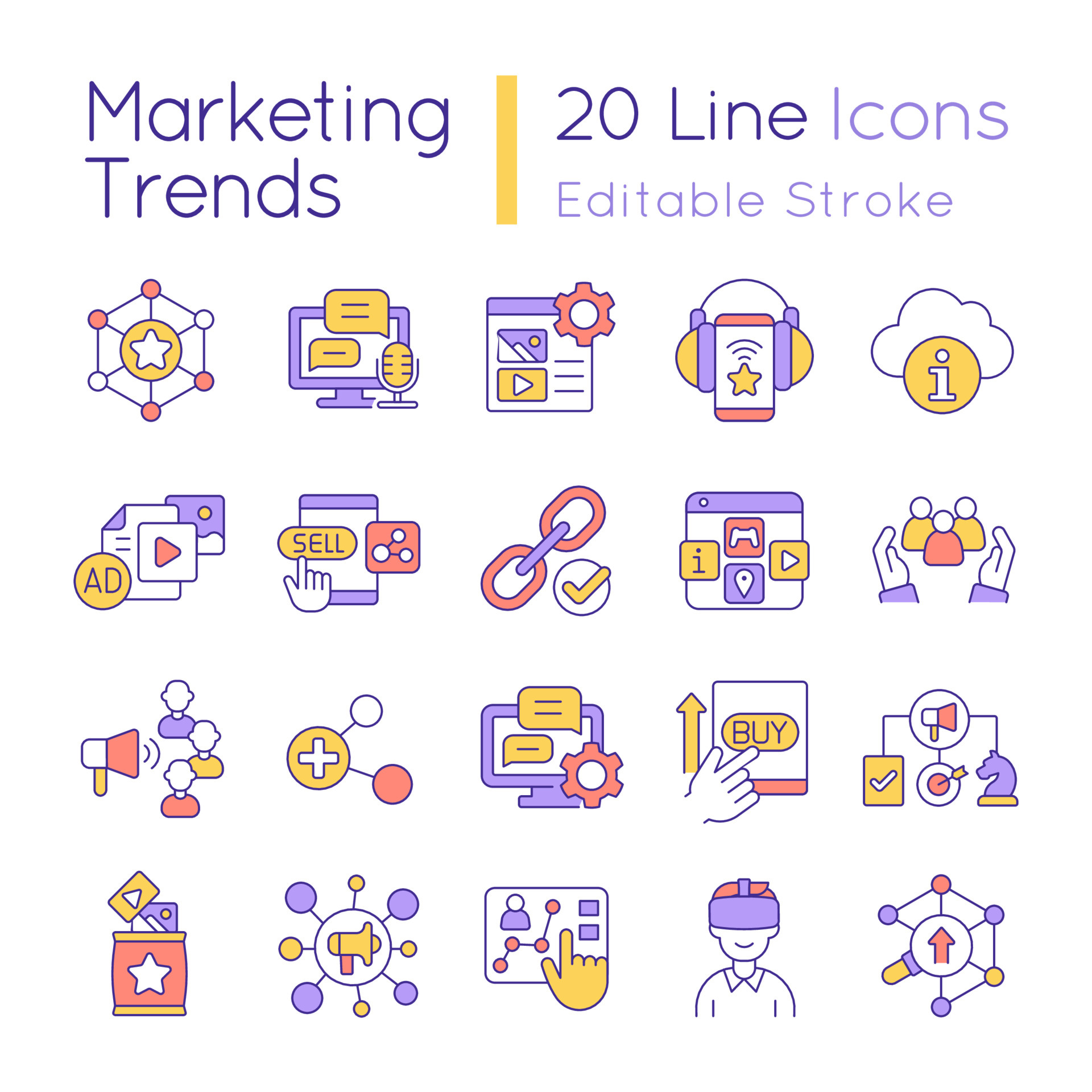 Marketing trends RGB color icons Modern techniques of advertising campaign. Isolated vector illustrations. Simple filled line drawings collection. Editable stroke. Quicksand-Light used 6446217 Vector at Vecteezy