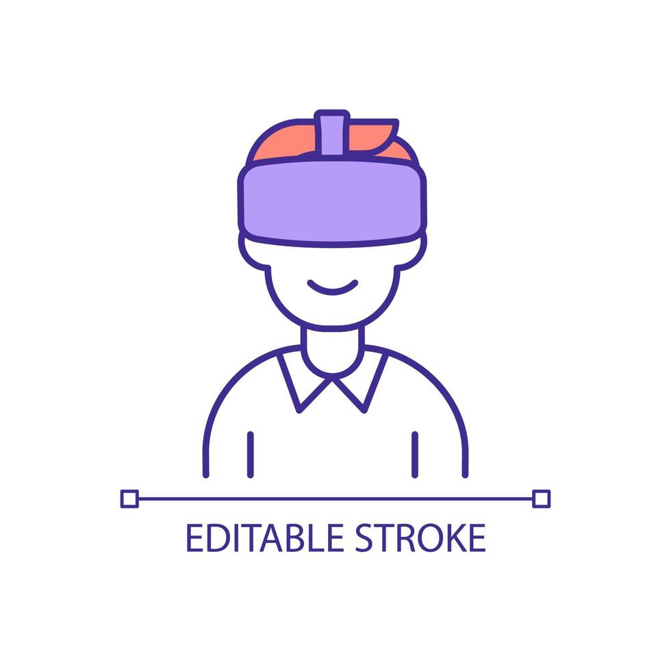 Man using VR goggles RGB color icon. Technology of entertainment. Virtual reality for education and business. Isolated vector illustration. Simple filled line drawing. Editable stroke. Arial font used