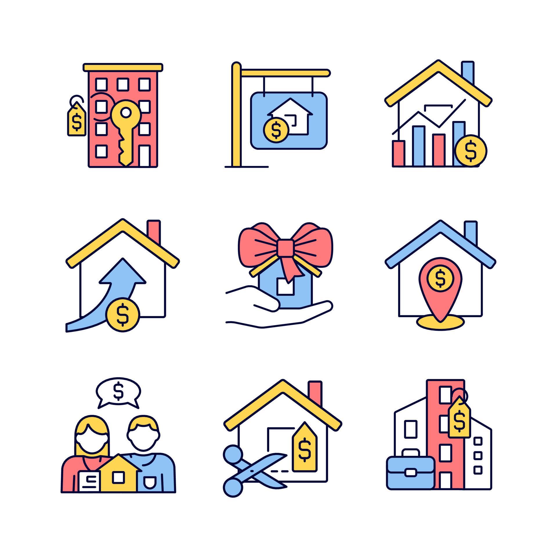 Immovable property purchasing RGB color icons set. Apartment and house