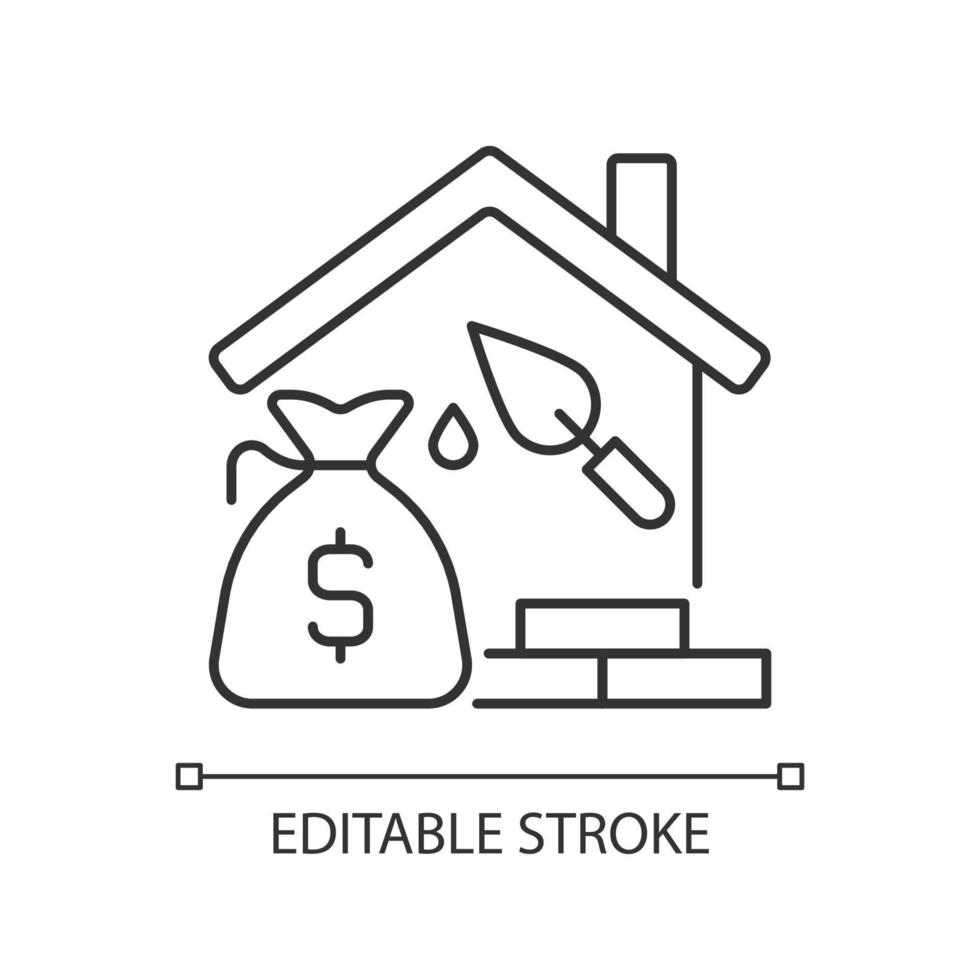 Construction loan linear icon. Self build loan. Get credit for house building. Home project. Thin line illustration. Contour symbol. Vector outline drawing. Editable stroke. Arial font used