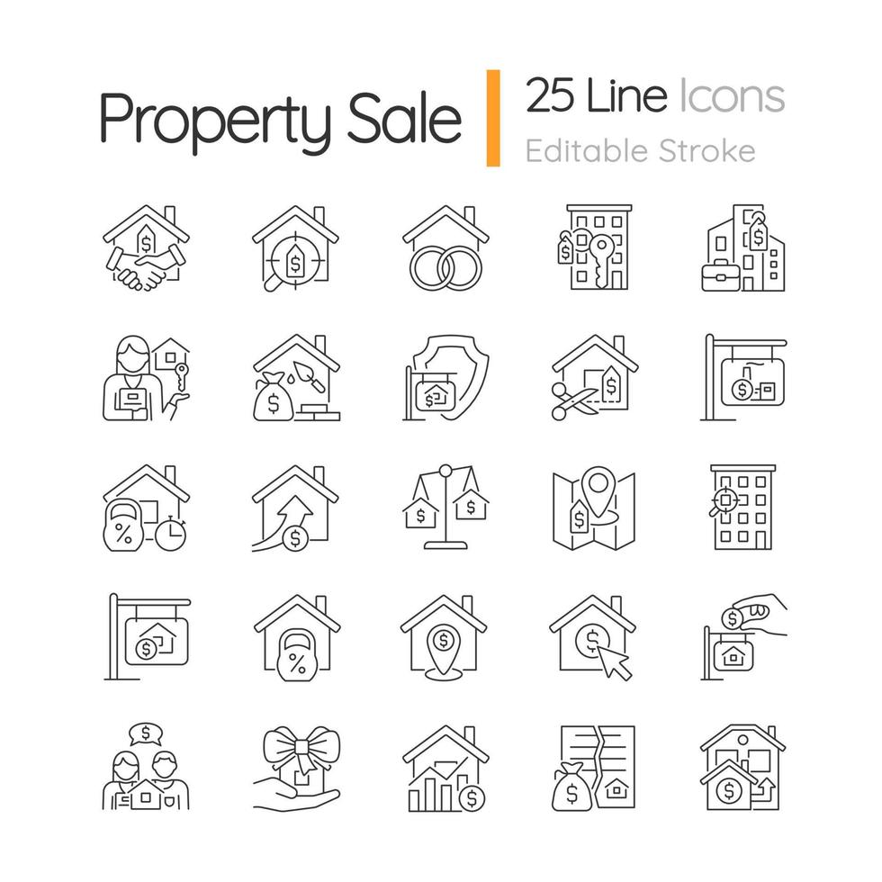 Property sale linear icons set. Real estate market. House purchase. Home mortgage. Customizable thin line symbols. Isolated vector outline illustrations. Editable stroke. Quicksand-Light font used